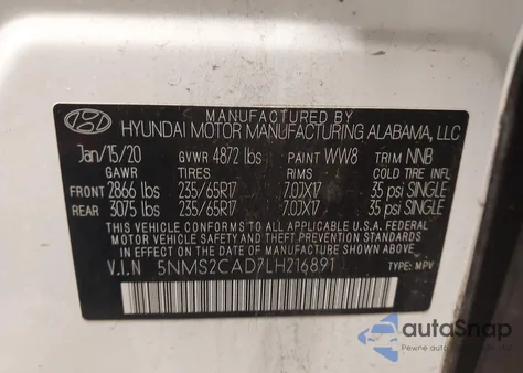 2020 Hyundai Santa Fe Se из США, поврежденный, VIN 5NMS2CAD7LH216891